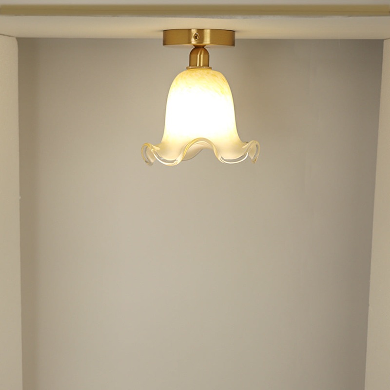 Traditional French Floral Round Glass Copper 1-Light Semi-Flush Mount Ceiling Light For Living Room