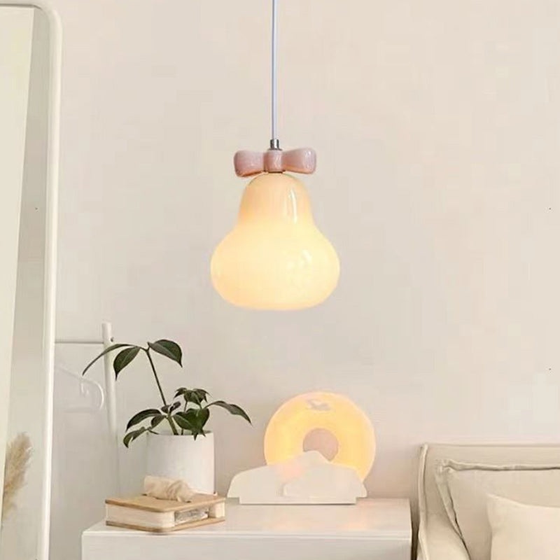 Traditional French Iron Ceramic Glass Gourd Pear Bow Tie 1-Light Pendant Light For Bedside