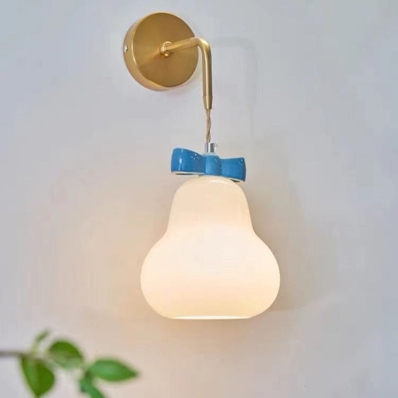 Traditional French Iron Ceramic Glass Gourd Pear Bow Tie Hanging 1-Light Wall Sconce Lamp For Bedside