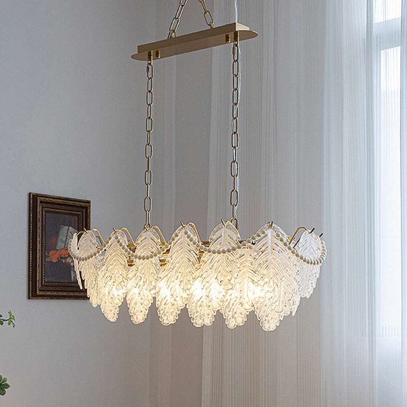 Traditional French Iron Glass Pearl Leaf 3 Tiers 6-Light Chandeliers Island Light For Dining Room