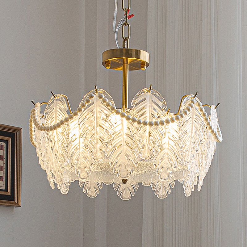 Traditional French Iron Glass Pearl Leaf 5/6/8 Light Semi-Flush Mount Ceiling Light For Bedroom