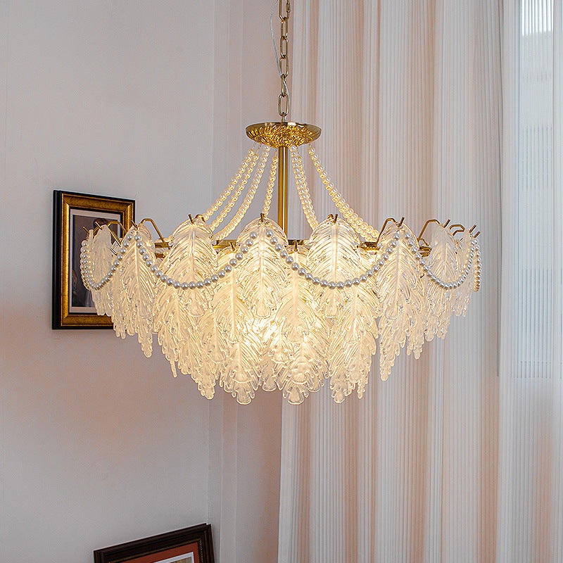 Traditional French Iron Glass Pearl Leaf Multilayered 3/6/9/12/16 Light Chandeliers For Bedroom