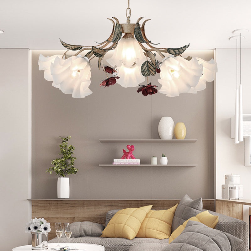 Traditional French Rose Flower Leaf Glass Iron 4/6/9 Light Chandelier For Living Room