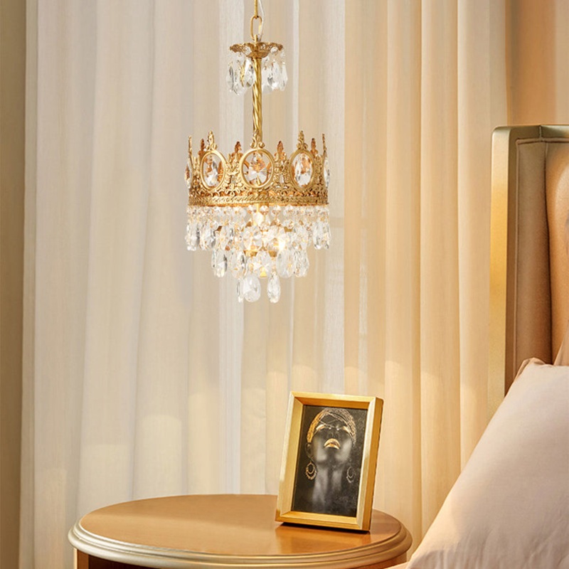 Traditional French Round Crown Diamond Crystal Brass Frame 1-Light Pendant Light For Living Room