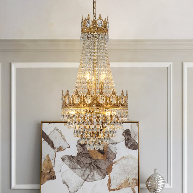 Traditional French Round Crown Shape Cut Diamond Crystal Copper Frame Candelabra 9-Light Chandelier For Living Room