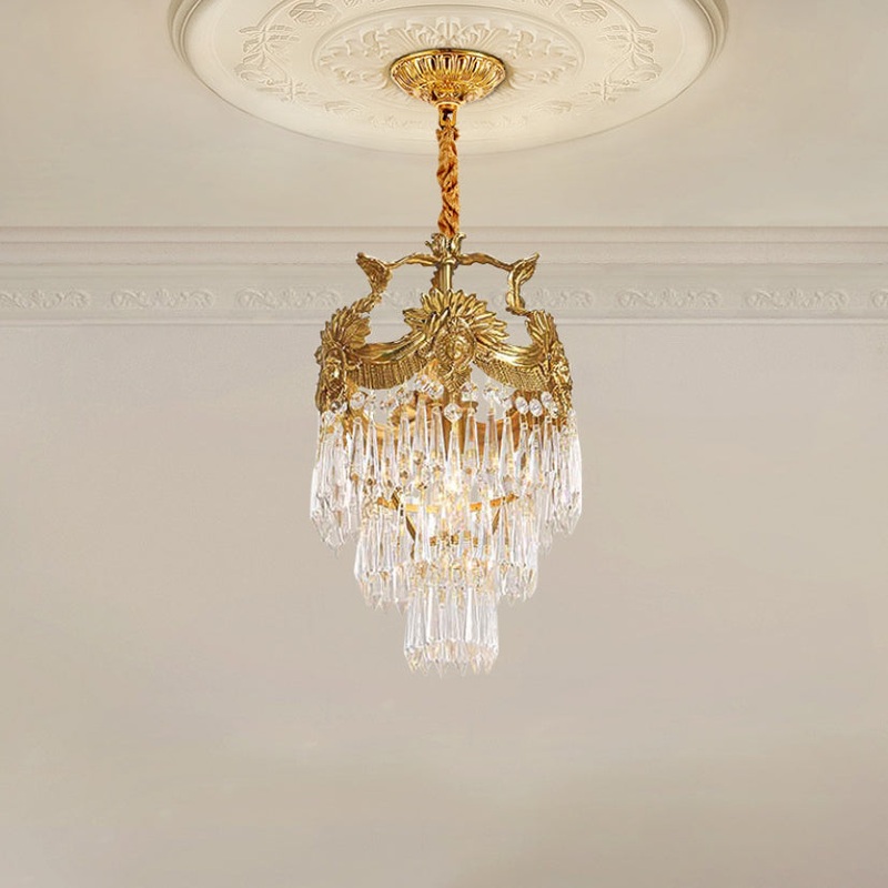 Traditional French Round Flower Carved Crystal Copper Frame 3-Light Pendant Light For Living Room