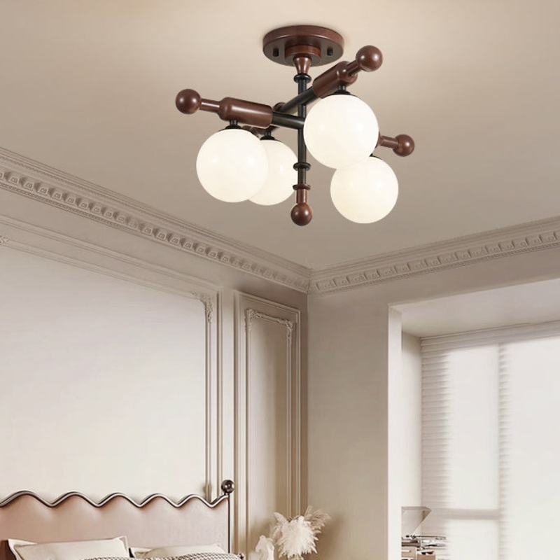 Traditional French Sphere Metal Rubberwood Glass 4/6/8 Light Semi-Flush Mount Ceiling Light For Living Room