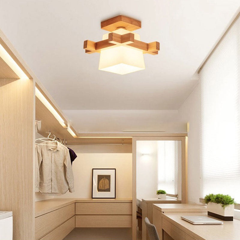 Traditional Japanese Rectangular Solid Wood Glass 1-Light Semi-Flush Mount Ceiling Light For Hallway