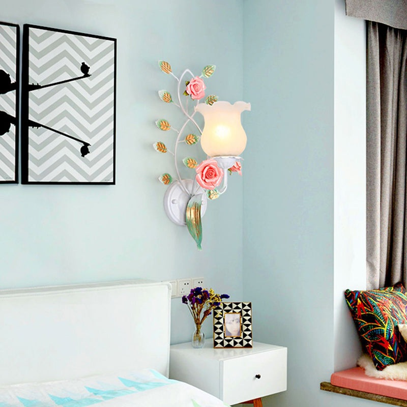 Traditional Rustic Floral Leaf Round Glass Ceramic Iron 1/2 Light Wall Sconce Lamp For Living Room