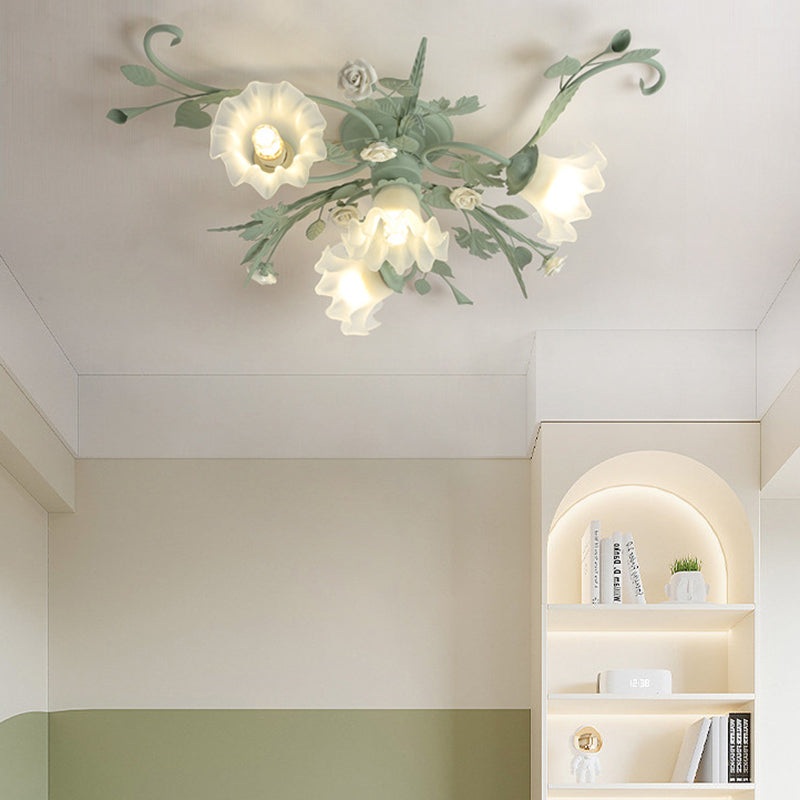 Traditional Rustic Leaf Floral Branch Glass Ceramic Iron 1/4/5/6/9 Light Semi-Flush Mount Ceiling Light For Living Room