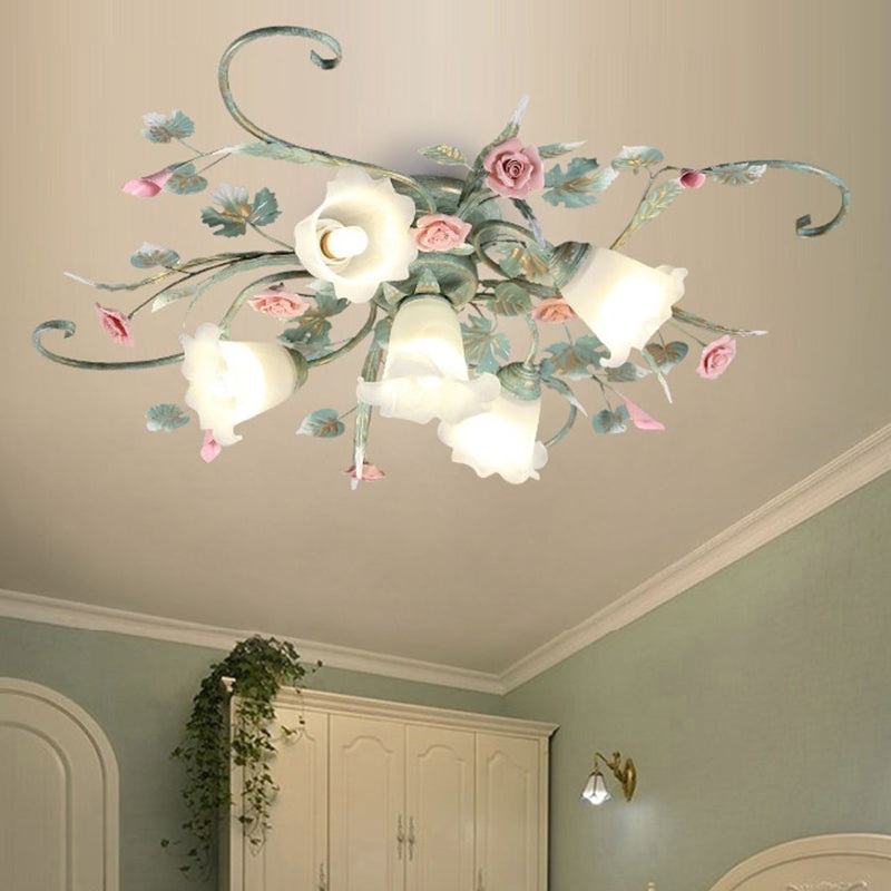 Traditional Rustic Rose Bent Leaf Branch Glass Iron Ceramic 4/5 Light Semi-Flush Mount Ceiling Light For Living Room