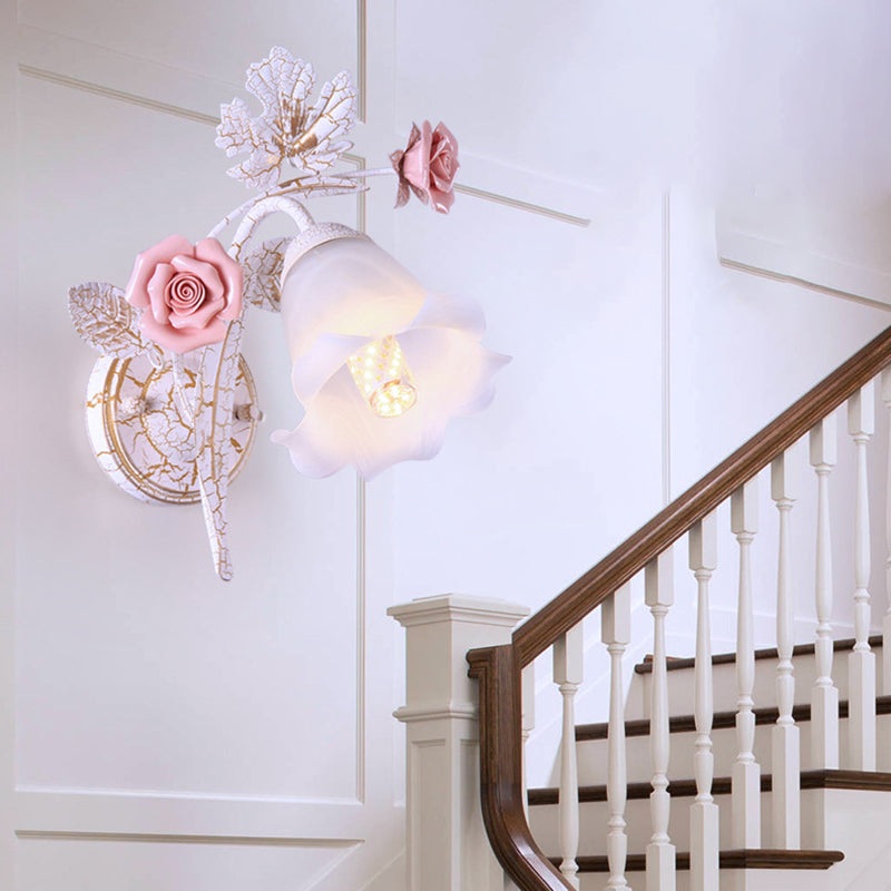 Traditional Rustic Rose Leaf Branch Round Glass Iron Ceramic 1/2 Light Wall Sconce Lamp For Bedroom