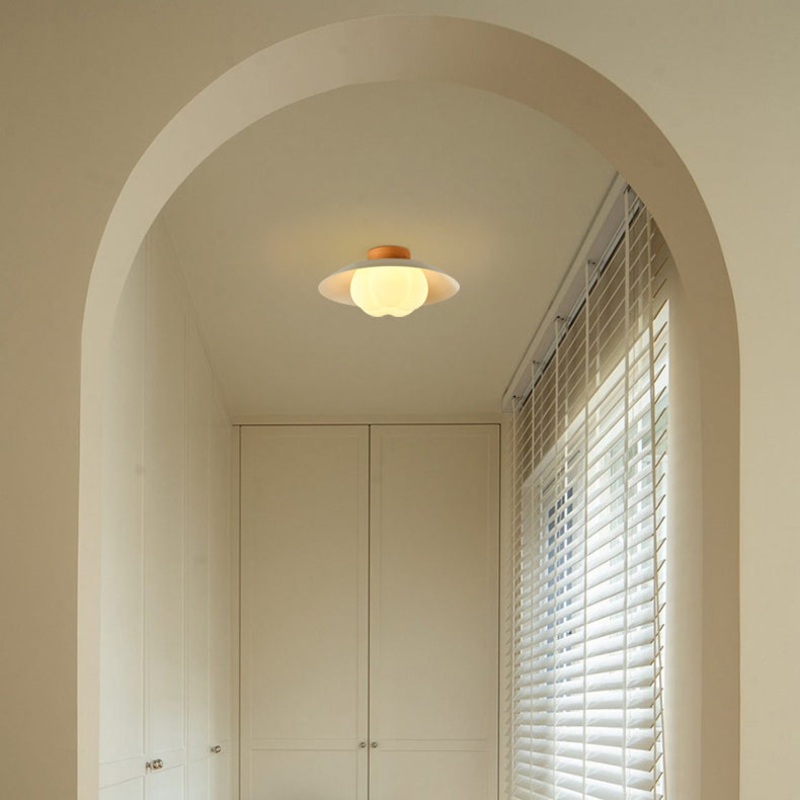 Contemporary Nordic Iron Wood PE Bowl 1-Light Flush Mount Ceiling Light For Hallway