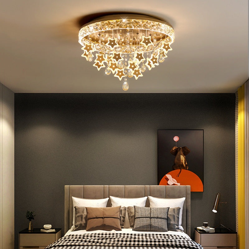 Contemporary Nordic Kids Iron Acrylic Crystal Round Star Pendant LED Flush Mount Ceiling Light For Bedroom