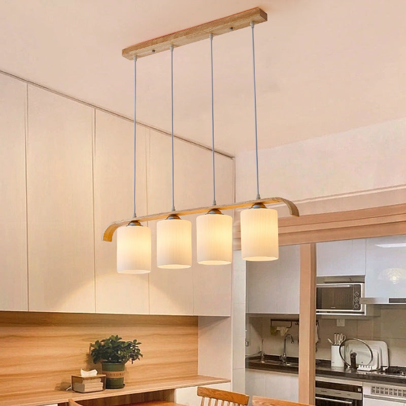 ContemporaryScandinavianLongCylinderGlassWood4-LightIslandLightChandelierForLivingRoom
