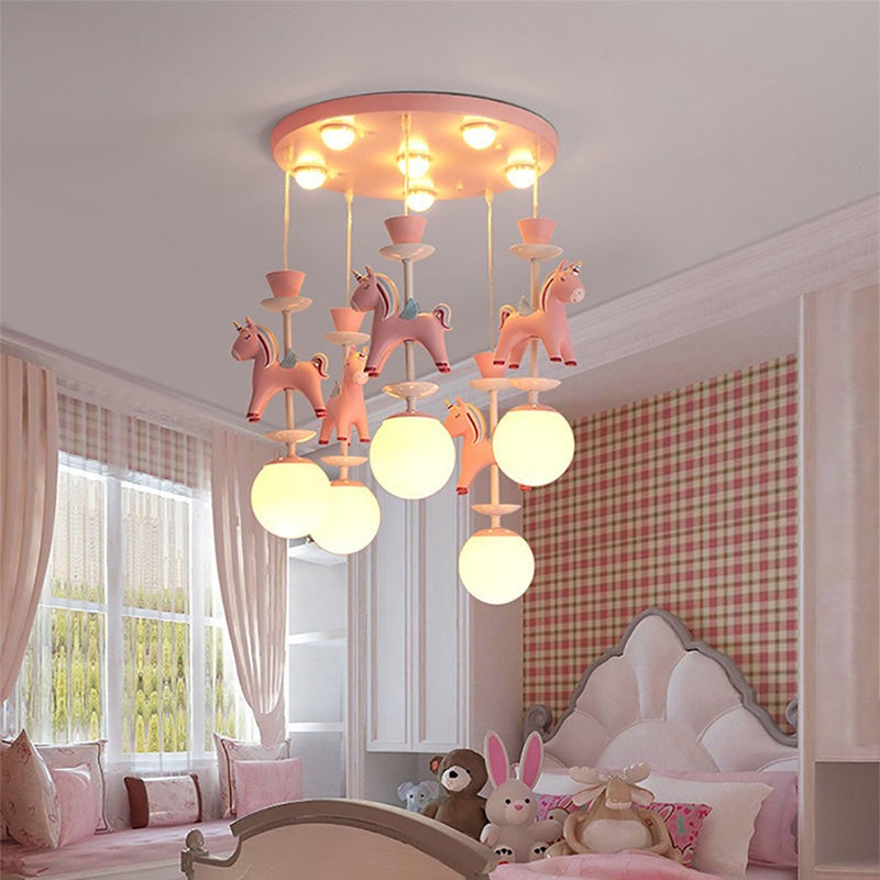 Modern Art Deco Kids Iron Resin Glass Round Base Ball Horse 1/3/5 Light Flush Mount Ceiling Light For Bedroom