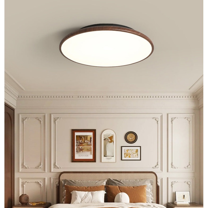 Modern Minimalist Iron Wood Grain Round LED Semi-Flush Mount Ceiling Light For Living Room