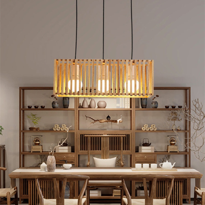 Traditional Chinese Rectangular Solid Wood 1/3 Light Island Light Chandelier For Living Room