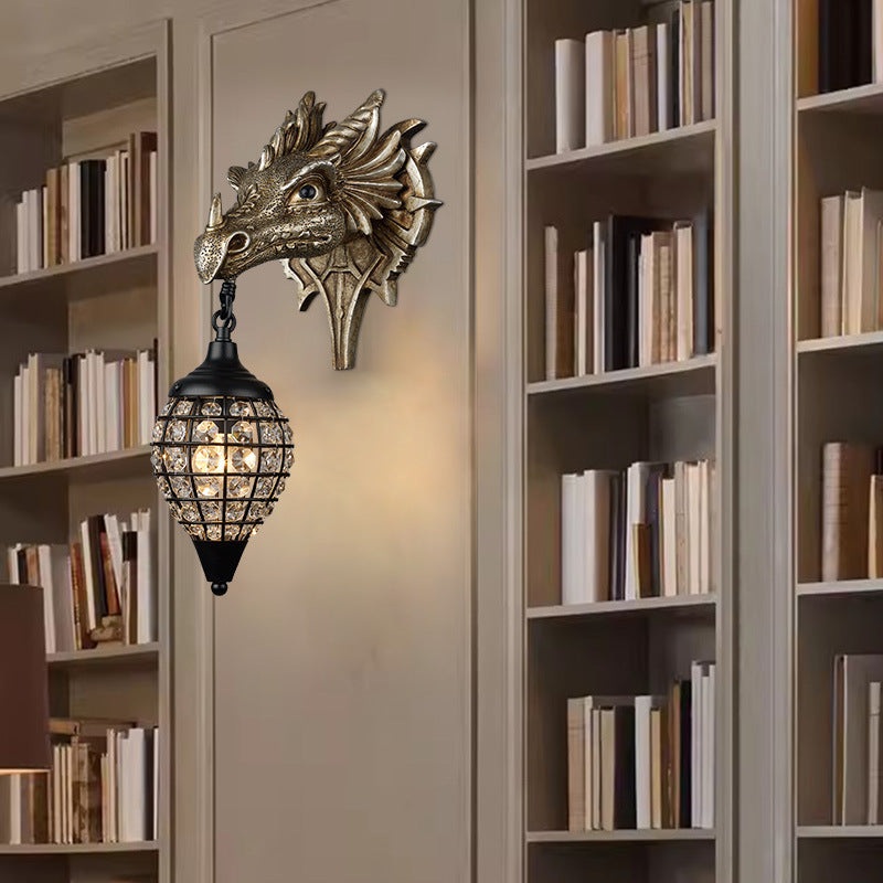 Traditional European Dragon Crystal Iron Resin 1-Light Wall Sconce Lamp For Living Room