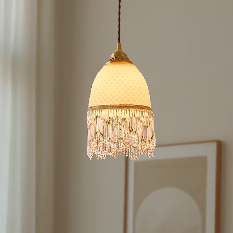 Traditional European Oval Tassel Glass Copper 1-Light Pendant Light For Bedroom