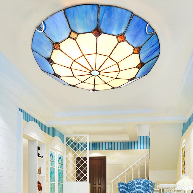 Traditional Tiffany Dome Iron Glass 2/3/4 Light Flush Mount Ceiling Light For Living Room