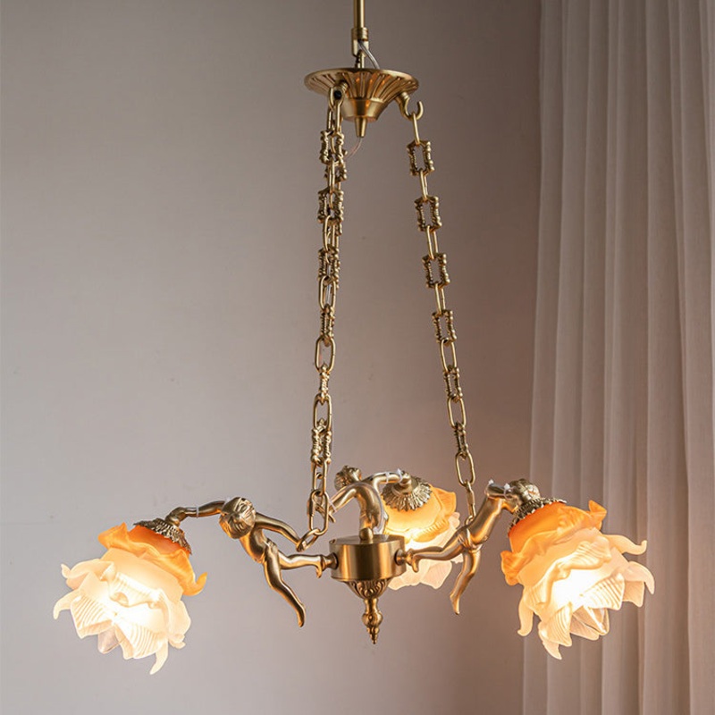 Traditional Vintage Angel Flower Copper Glass 1/3/6 Light Chandelier For Bedroom