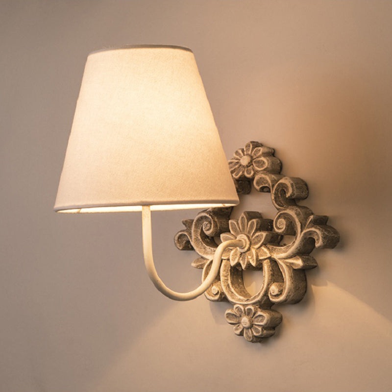 Traditional Vintage Carved Cylinder Solid Wood Fabric 1-Light Wall Sconce Lamp For Bedroom