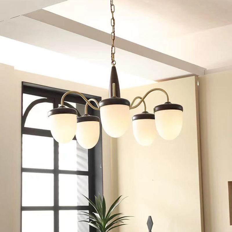 Traditional Vintage Pinecone Oval Copper Solid Wood 5 - Light Chandelier For Living Room