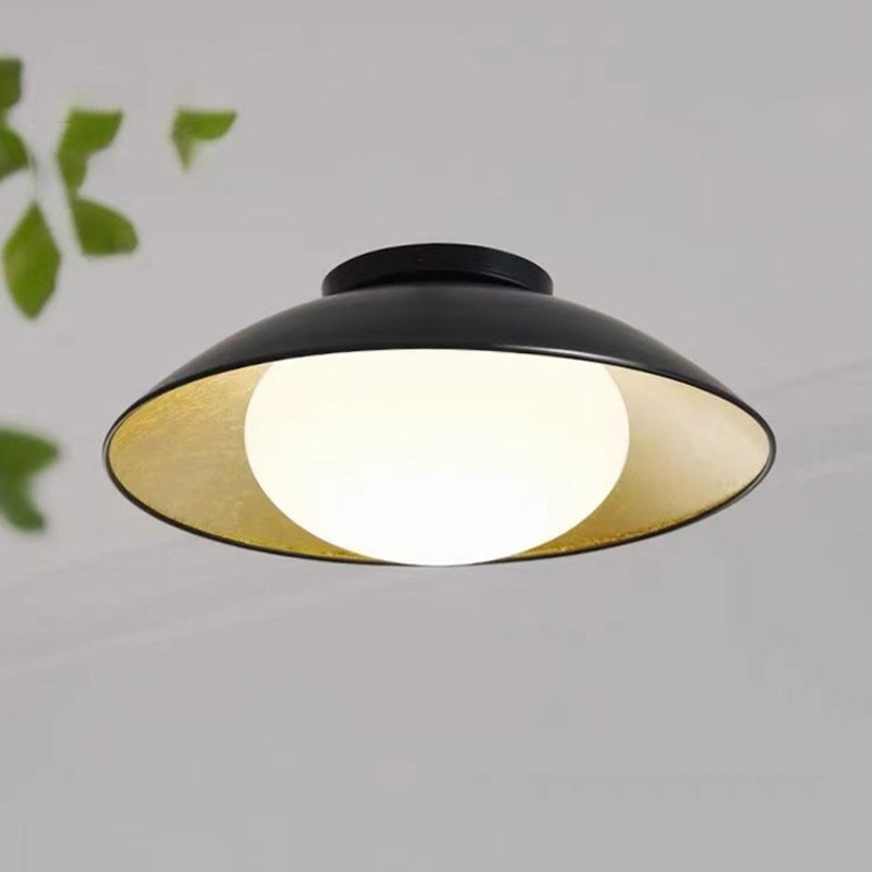 Traditional Vintage Round Gold Foil Iron Glass 1-Light Flush Mount Ceiling Light For Bedroom