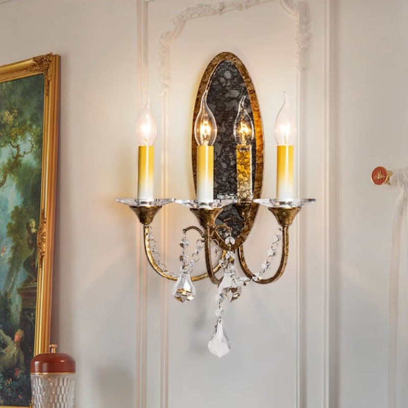 Traditional Vintage Tall Sconce Iron Crystal 3-Light Wall Sconce Lamp For Hallway