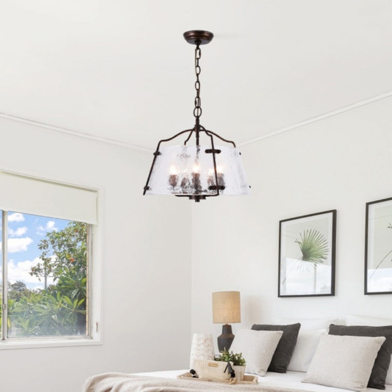 Traditional Vintage Transparent Cylinder Copper Glass 5-Light Chandelier For Bedroom