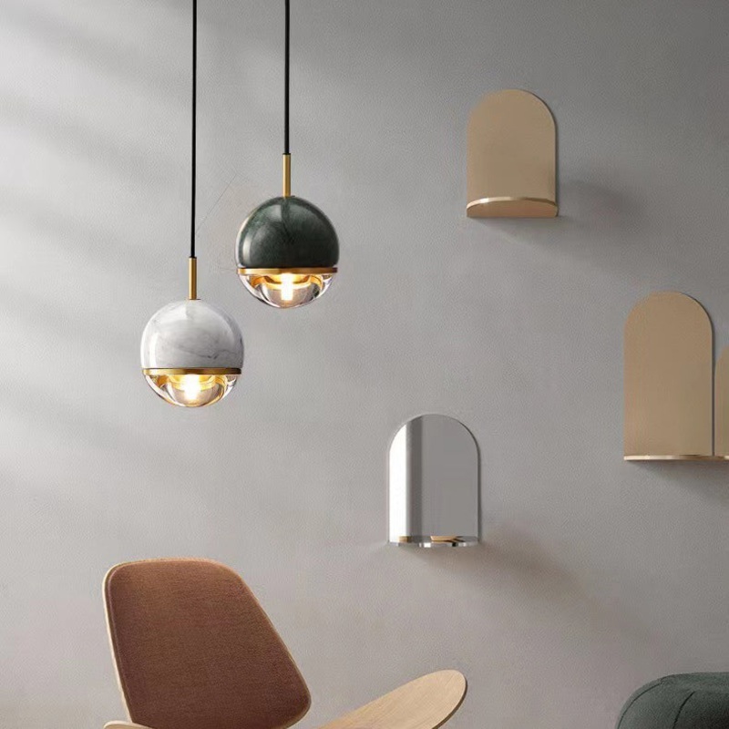 Contemporary Scandinavian Patterned Spherical Copper Marble Glass 1-Light Pendant Light For Bedroom