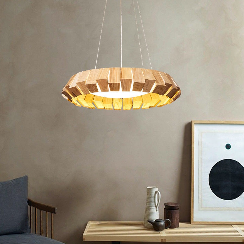 Contemporary Scandinavian Round Flying Saucer Wood Glass LED Chandelier For Living Room
