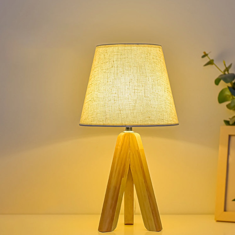 ContemporaryBohoRoundConeTripodBaseFabricSolidWoodLEDTableLampforBedroom