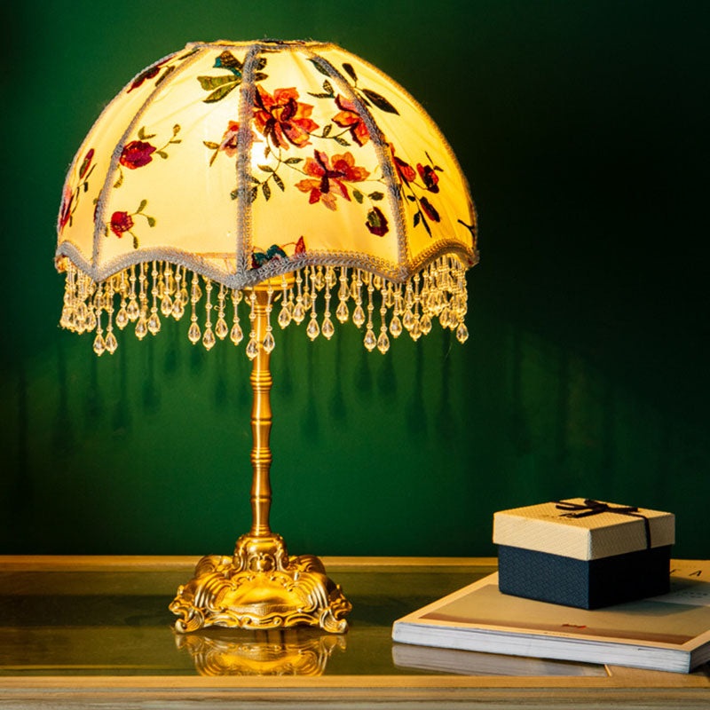 Traditional European Fabric Copper Dome Flower 1-Light Table Lamp For Bedside