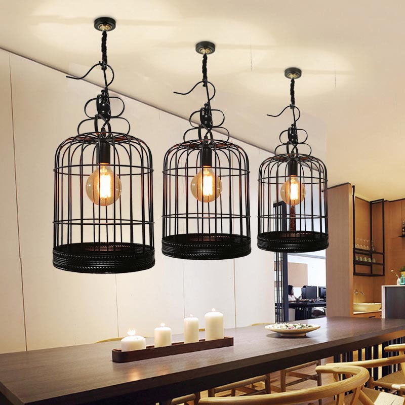 Traditional Farmhouse Cage Iron Glass 1-Light Pendant Light For Living Room