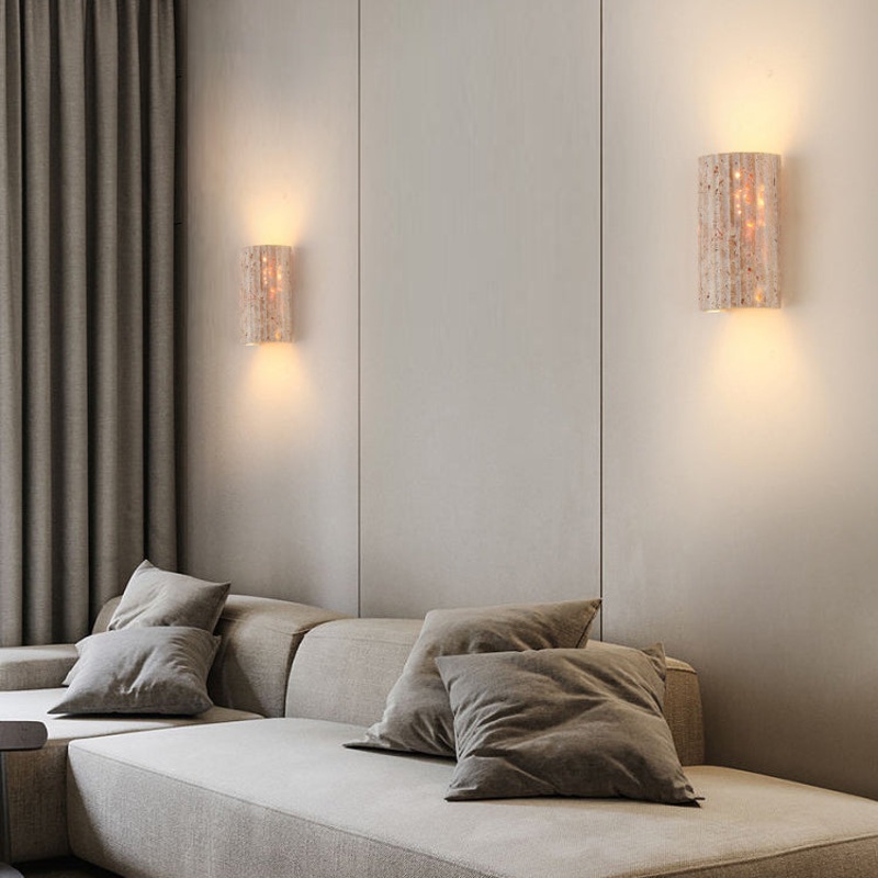 Traditional Japanese Striped Beige Travertine Semicircle LED Waterproof Wall Sconce Lamp For Living Room