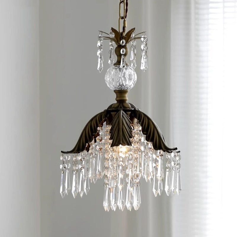Traditional Vintage Brass Iron Crystal Pineapple Flower 1-Light Pendant Light For Hallway