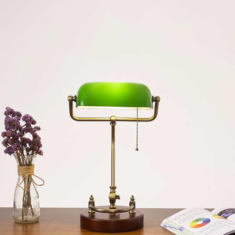 Traditional Vintage Curved Glass Solid Wood Base 1-Light Table Lamp For Study