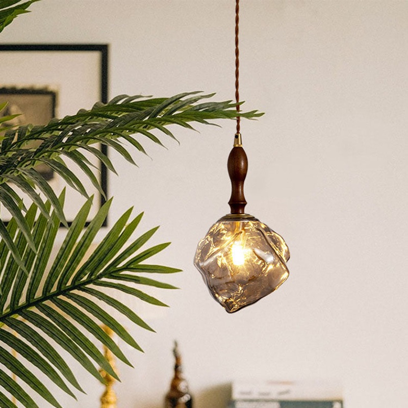 Traditional Vintage Irregular Ice Cube Shape Glass Aluminum Wood 1-Light Pendant Light For Living Room