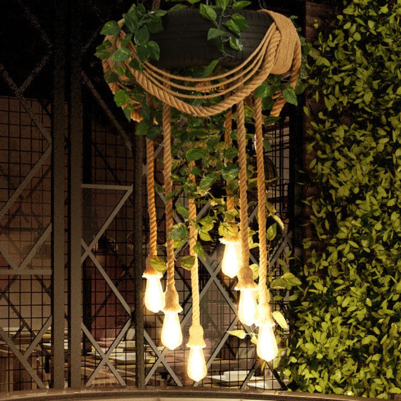 Contemporary Creative Tire Floral Decor Hemp Rope 6-Light Chandelier For Entertainment Rooms