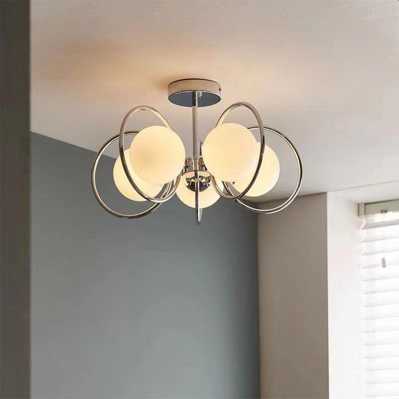 Traditional Vintage Iron Glass Ball Circle 3/5 Light Semi-Flush Mount Ceiling Light For Living Room