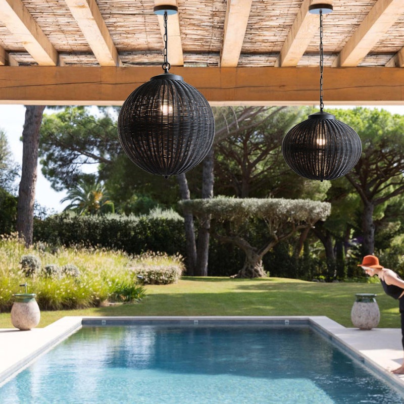 Traditional Vintage Round Rattan Lantern Iron 1-Light Waterproof Outdoor Pendant Light For Garden