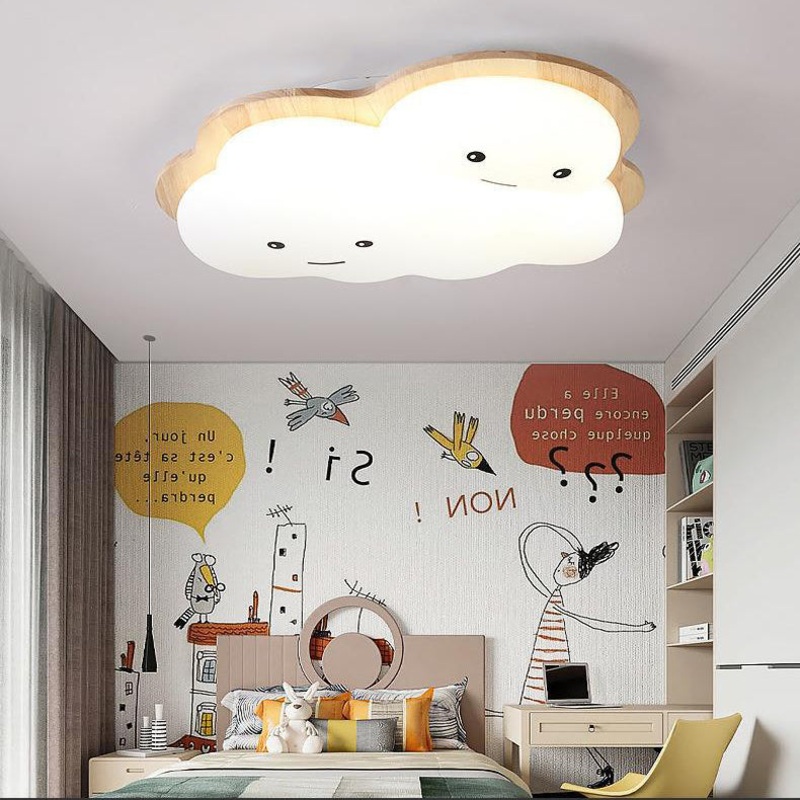 Modern Art Deco Airplane Clouds Moon Acrylic Wood LED Flush Mount Ceiling Light For Living Room