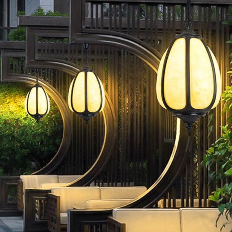 Modern Art Deco Cast Aluminum Oval Pumpkin 1-Light Pendant Light For Outdoor Patio