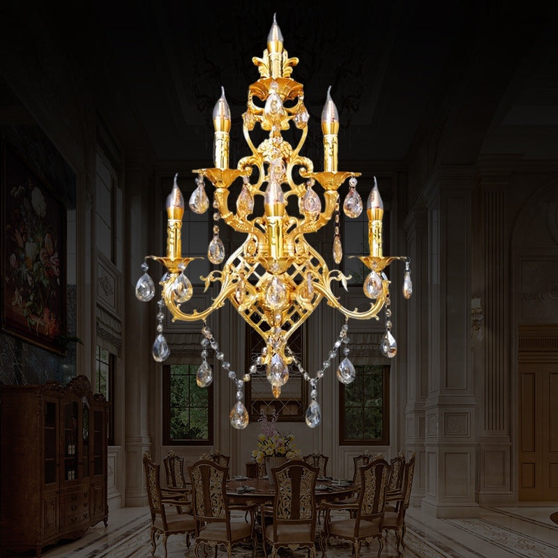 Traditional European Branch Teardrop Zinc Alloy Crystal Glass 6-Light Wall Sconce Lamp For Living Room