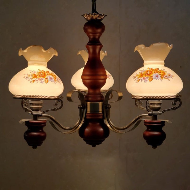 Traditional Rustic Candelabra Round Flower Iron Solid Wood 3-Light Chandelier For Living Room