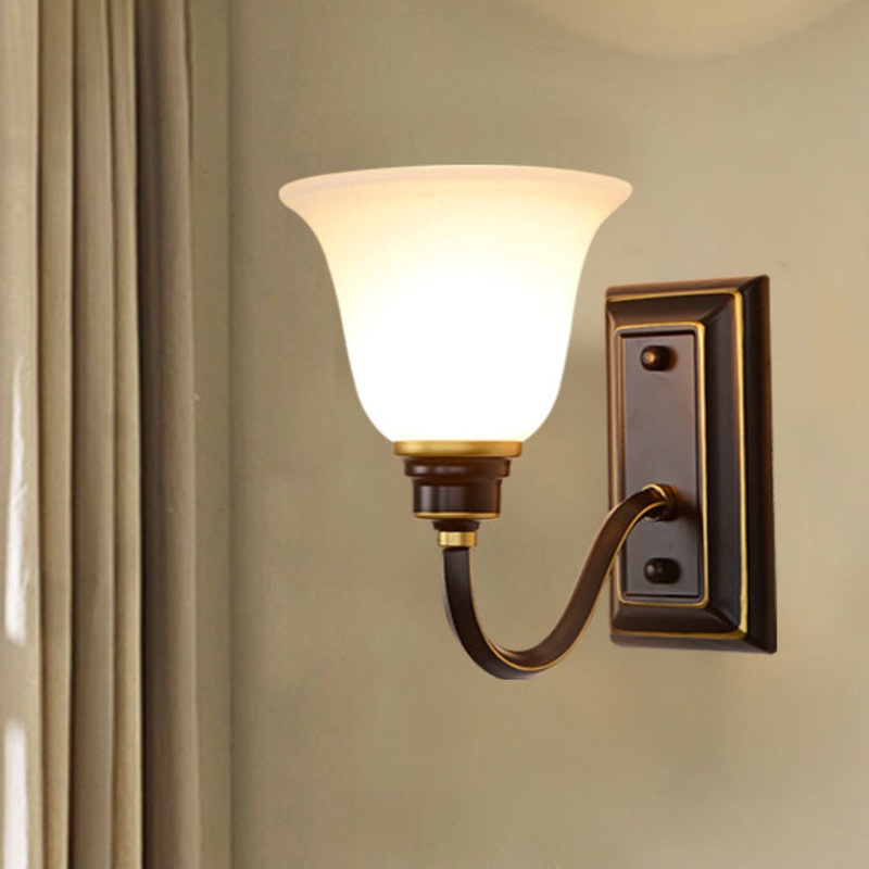 Traditional Rustic Floral Glass Shade Iron 1-Light Wall Sconce Lamp For Bedroom