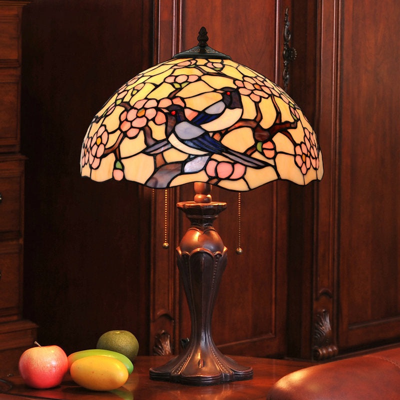 Traditional Tiffany Half Ball Magpie Plum Flower Iron Glass 2-Light Table Lamp For Bedroom