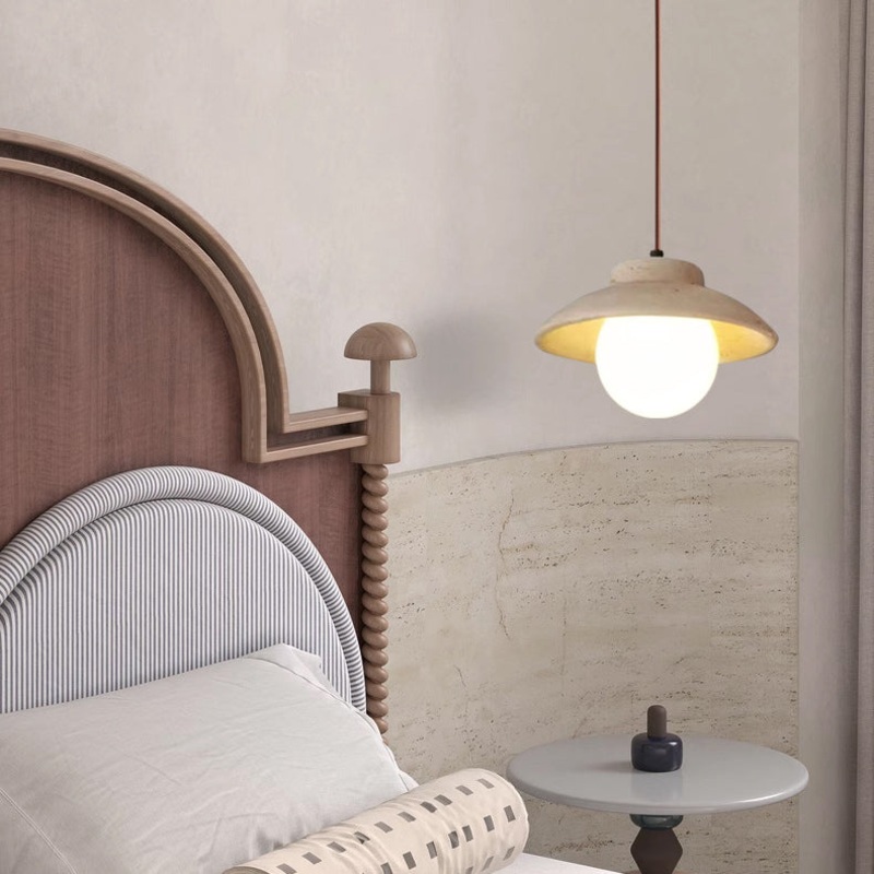 Traditional Vintage Bowl Shape Wood Natural Stone 1-Light Pendant Light For Bedroom